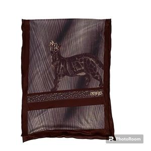 KRIZIA SCARF BLUE WHITE BROWN GRAY CAT PANTHER LEOPARD LONG RECTANGLE SILK ITALY